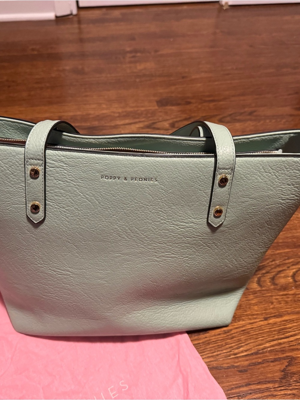Poppy & Peonies Mint Green Leather Tote with Gold Hardware